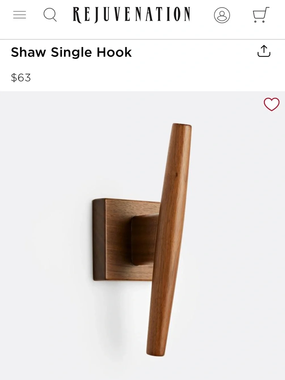 PAIR Rejuvenation Shaw Hook, Walnut, Single Wall Hooks